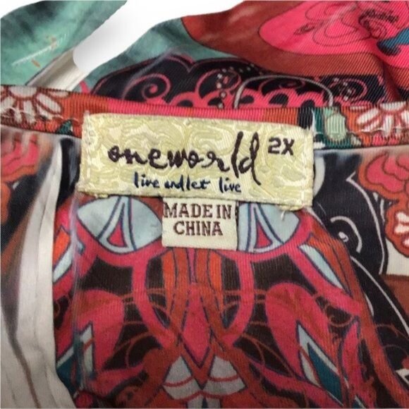 One World Women’s 3/4 Sleeve V Neck Sequin Tunic Top, Rust Floral, size 2X - Picture 6 of 8